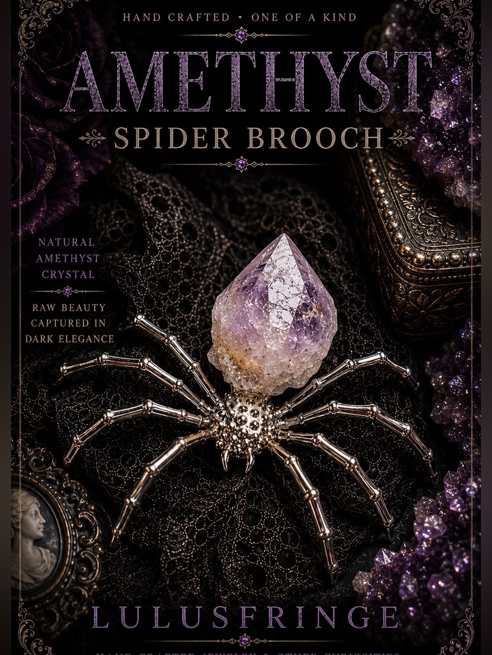 Amethyst Spider Brooch with silver metal body Crystal Accent Artisan
